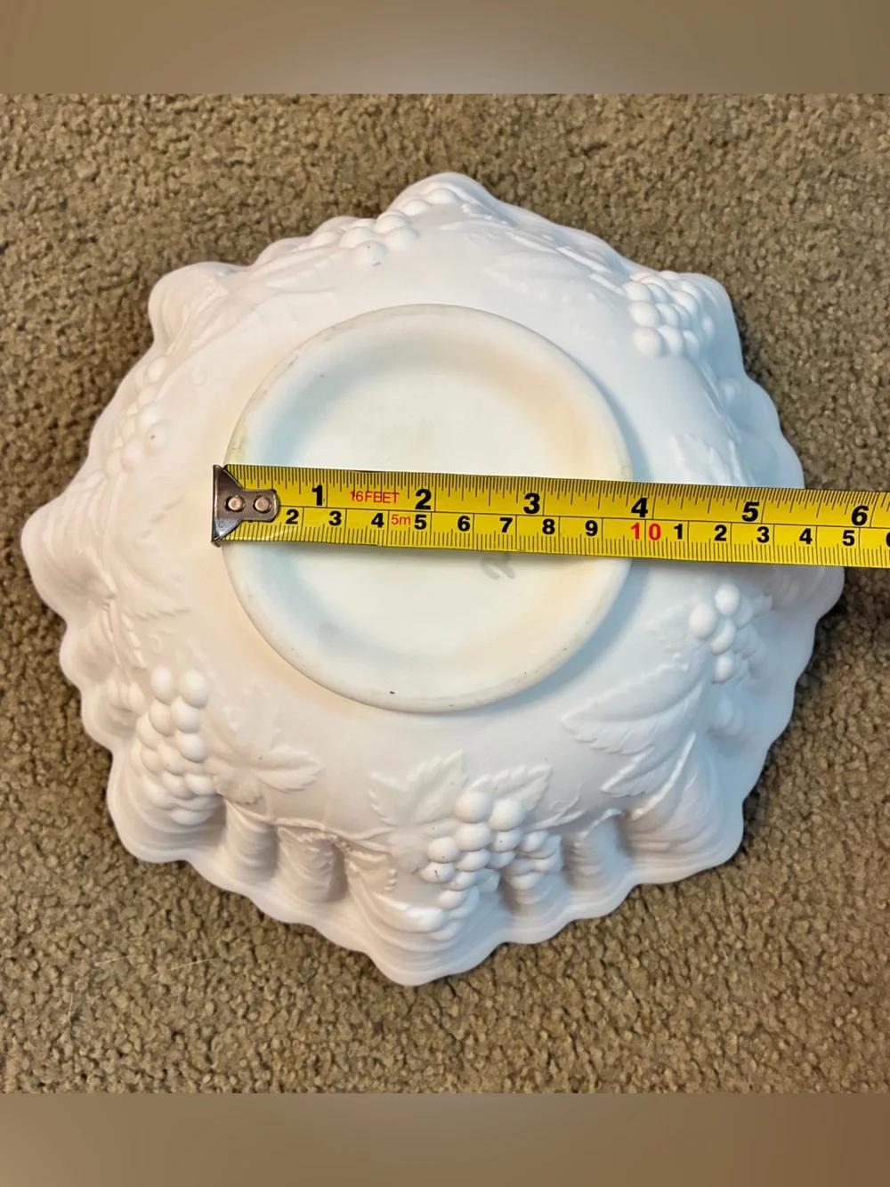 Vintage Imperial Glass White Milk Glass Ruffled Edge Grape/Leaf Pattern Bowl
